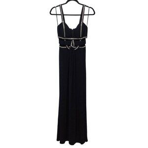 Betsy & Adam Black Gold Trim Pleated Bodice Cutout Waist Sleeveless Long Dress 4